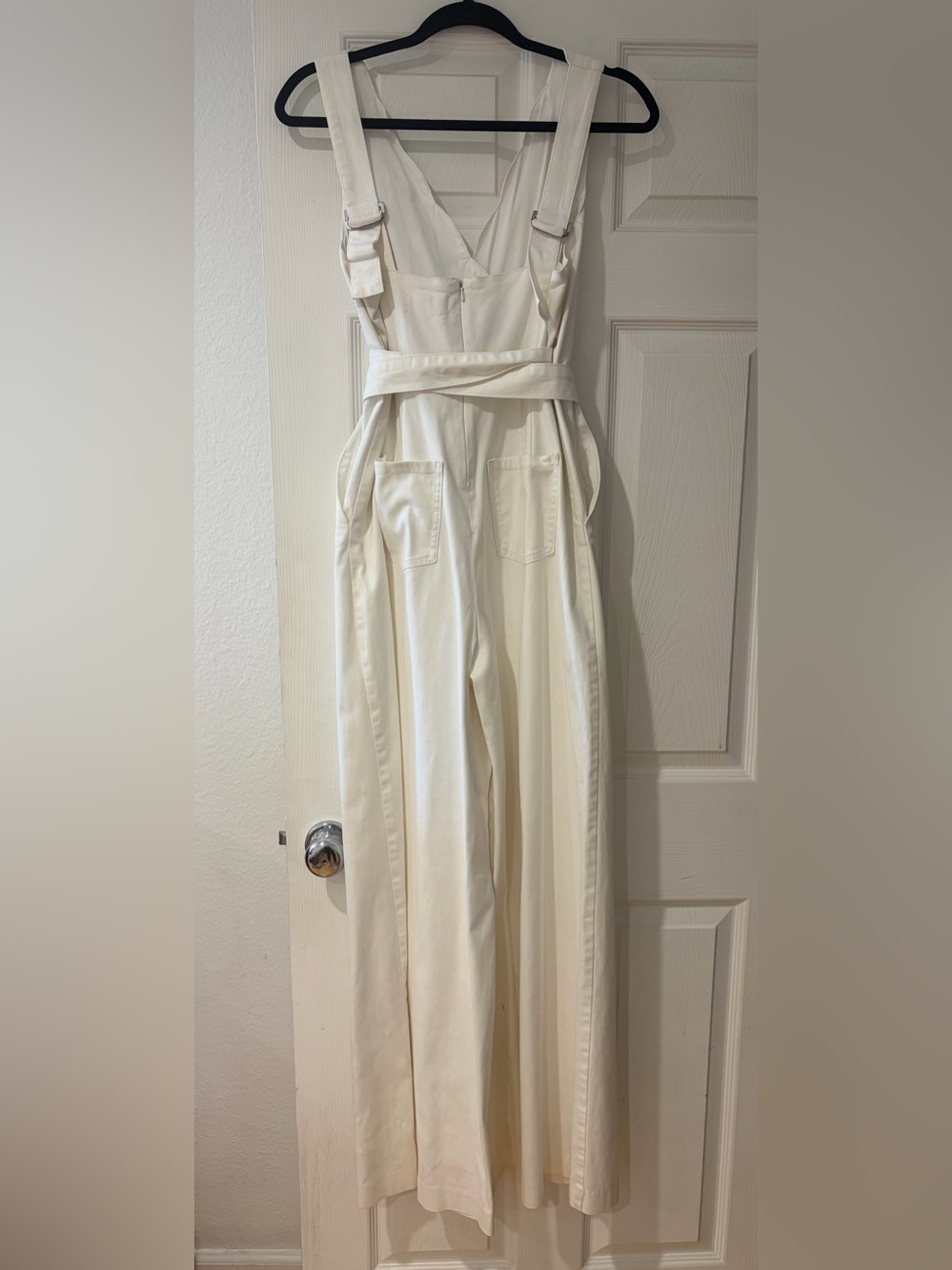 ANTHROPOLOGIE CHINO NEW Ivory Scalloped Chino Jumpsuit Wide Leg 6 Stretch - Picture 9 of 10
